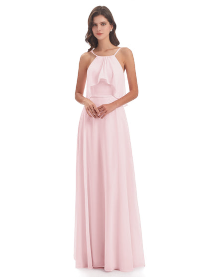 Paisley Halter Ruffles Chiffon Long Bridesmaid Dresses