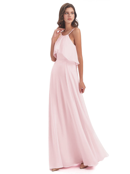 Paisley Halter Ruffles Chiffon Long Bridesmaid Dresses