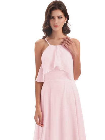 Paisley Halter Ruffles Chiffon Long Bridesmaid Dresses