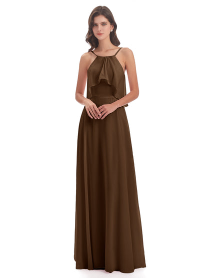 Paisley Halter Ruffles Chiffon Long Bridesmaid Dresses