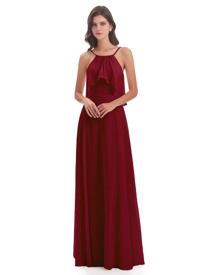 Paisley Halter Ruffles Chiffon Long Bridesmaid Dresses