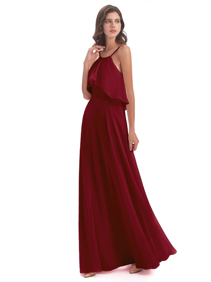 Paisley Halter Ruffles Chiffon Long Bridesmaid Dresses