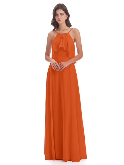 Paisley Halter Ruffles Chiffon Long Bridesmaid Dresses
