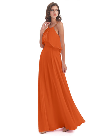 Paisley Halter Ruffles Chiffon Long Bridesmaid Dresses