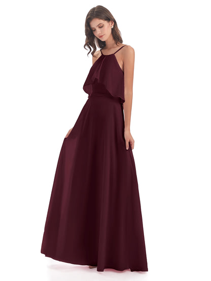 Paisley Halter Ruffles Chiffon Long Bridesmaid Dresses