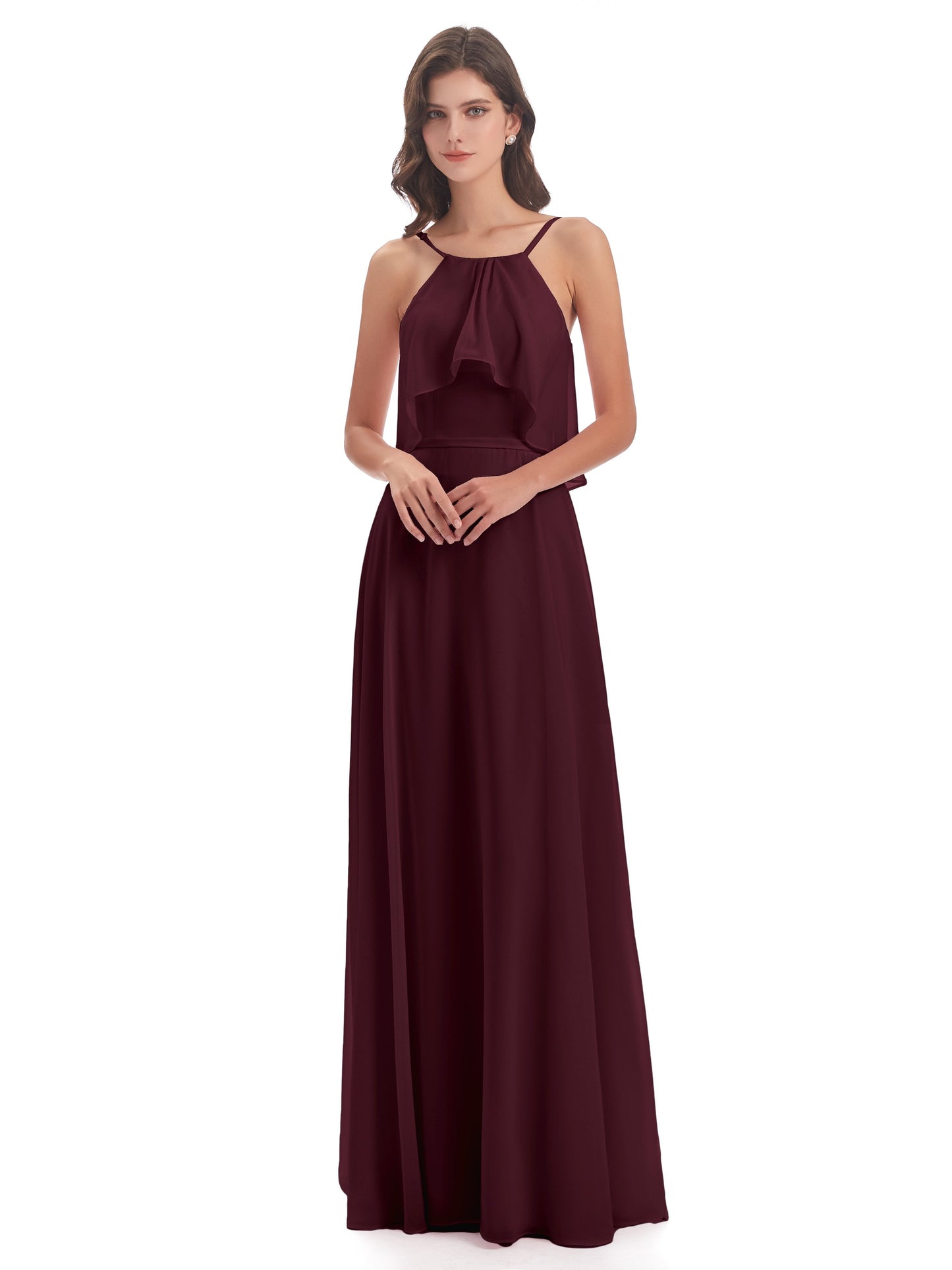 Paisley Halter Ruffles Chiffon Long Bridesmaid Dresses
