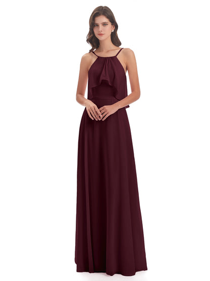 Paisley Halter Ruffles Chiffon Long Bridesmaid Dresses