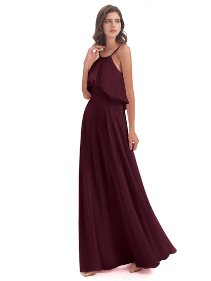 Paisley Halter Ruffles Chiffon Long Bridesmaid Dresses