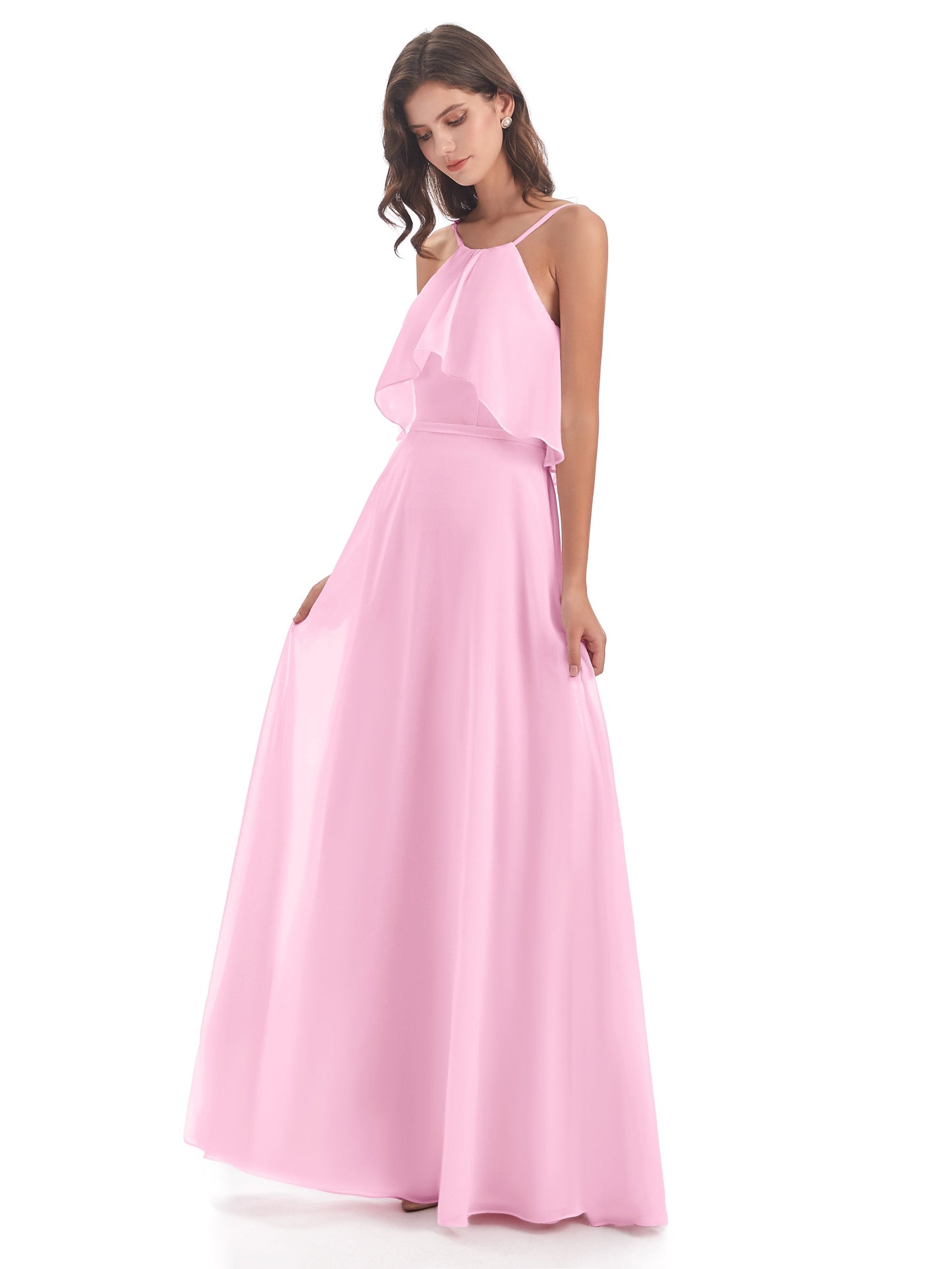 Paisley Halter Ruffles Chiffon Long Bridesmaid Dresses