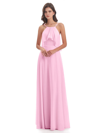 Paisley Halter Ruffles Chiffon Long Bridesmaid Dresses