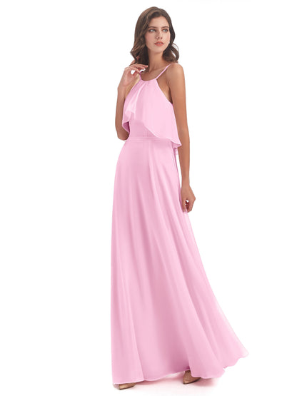 Paisley Halter Ruffles Chiffon Long Bridesmaid Dresses