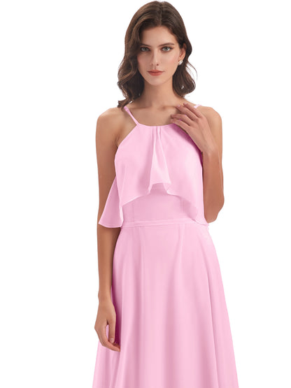 Paisley Halter Ruffles Chiffon Long Bridesmaid Dresses