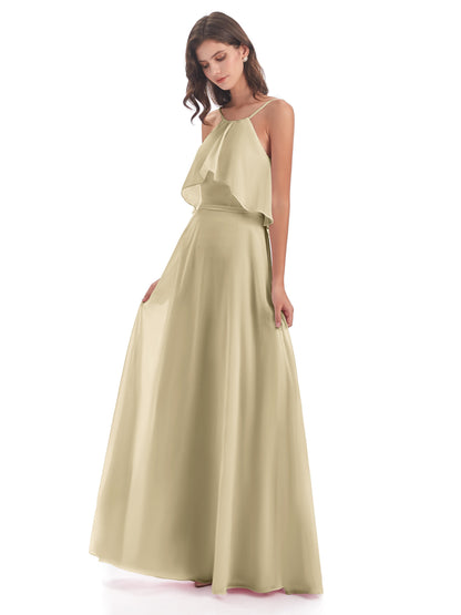 Paisley Halter Ruffles Chiffon Long Bridesmaid Dresses