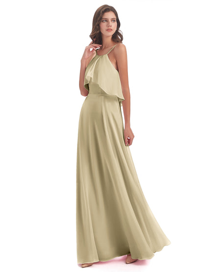 Paisley Halter Ruffles Chiffon Long Bridesmaid Dresses