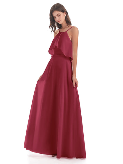 Paisley Halter Ruffles Chiffon Long Bridesmaid Dresses
