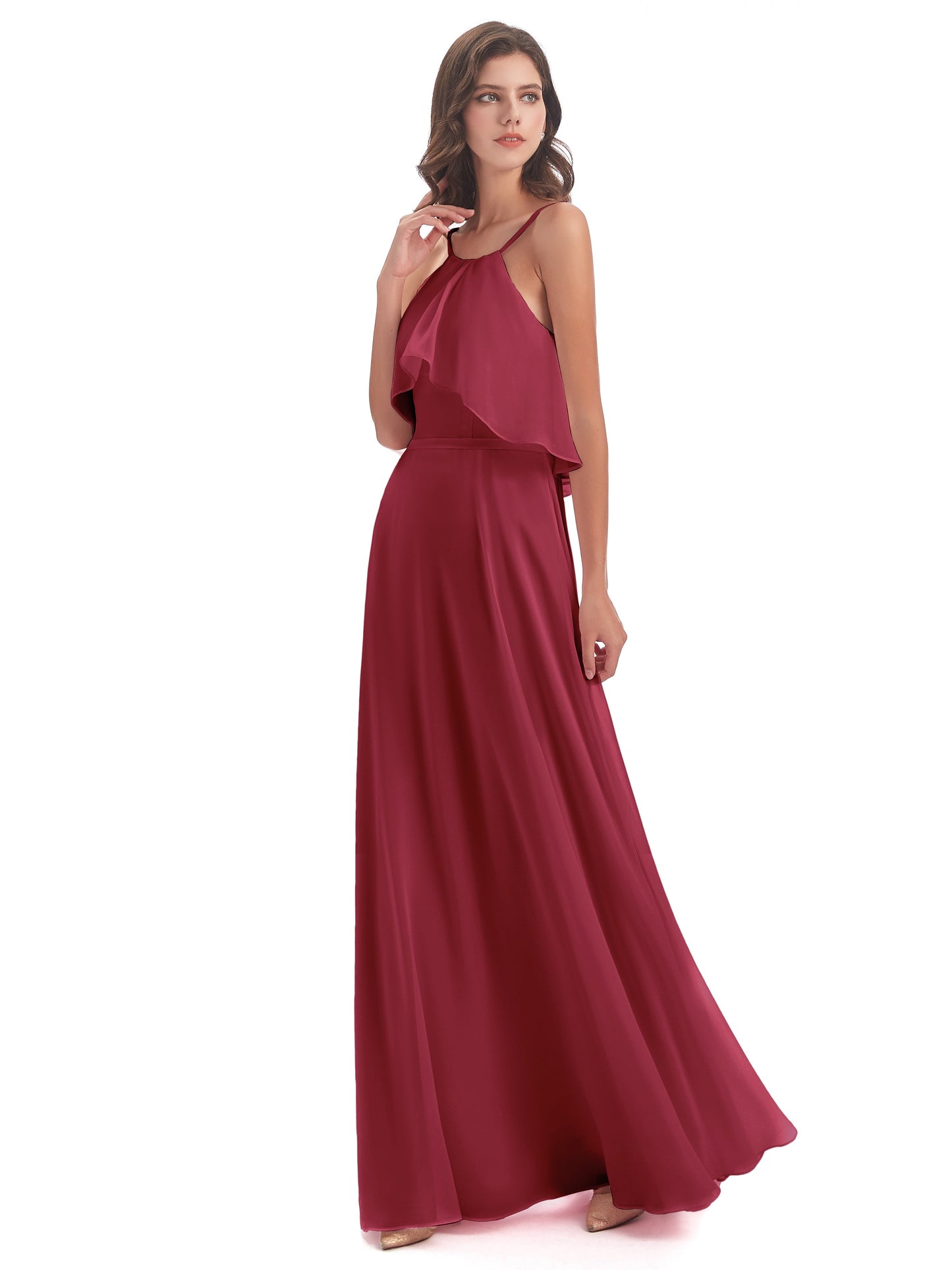 Paisley Halter Ruffles Chiffon Long Bridesmaid Dresses