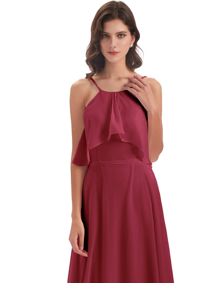 Paisley Halter Ruffles Chiffon Long Bridesmaid Dresses