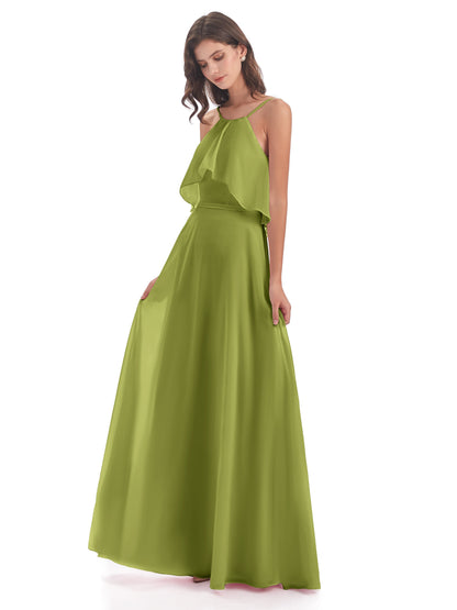 Paisley Halter Ruffles Chiffon Long Bridesmaid Dresses