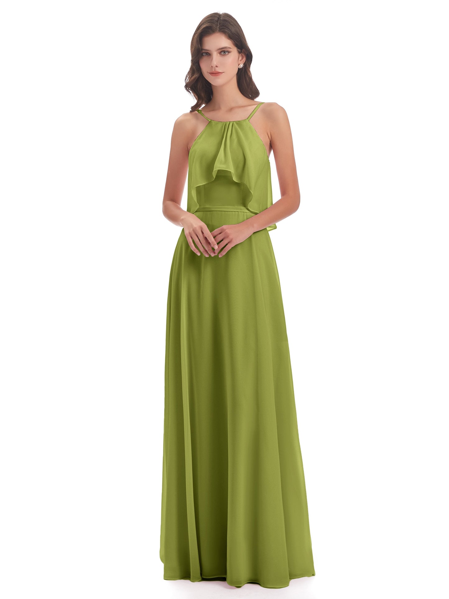 Paisley Halter Ruffles Chiffon Long Bridesmaid Dresses