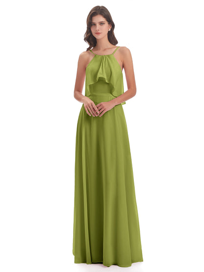 Paisley Halter Ruffles Chiffon Long Bridesmaid Dresses