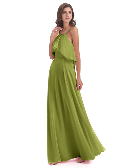 Paisley Halter Ruffles Chiffon Long Bridesmaid Dresses