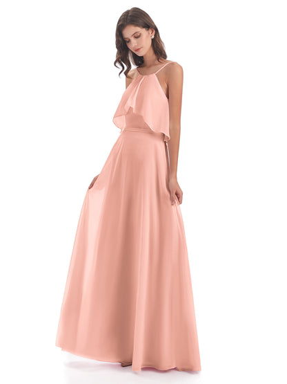 Paisley Halter Ruffles Chiffon Long Bridesmaid Dresses