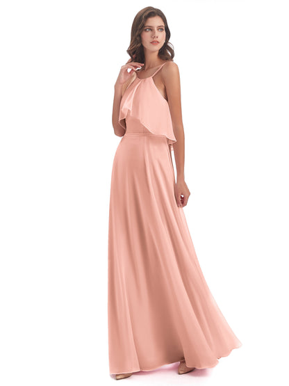 Paisley Halter Ruffles Chiffon Long Bridesmaid Dresses
