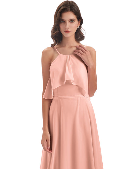 Paisley Halter Ruffles Chiffon Long Bridesmaid Dresses