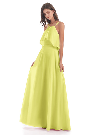 Paisley Halter Ruffles Chiffon Long Bridesmaid Dresses