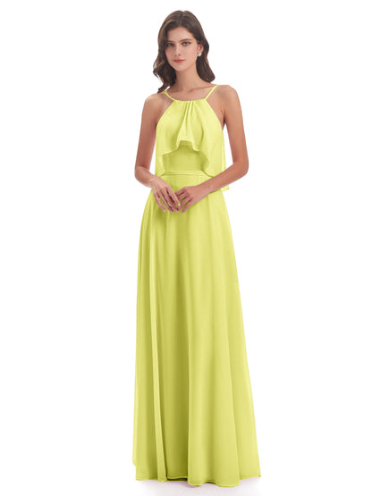 Paisley Halter Ruffles Chiffon Long Bridesmaid Dresses