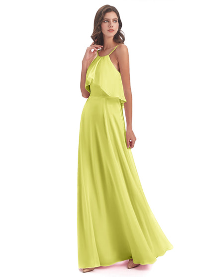 Paisley Halter Ruffles Chiffon Long Bridesmaid Dresses
