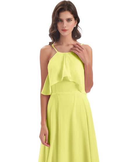 Paisley Halter Ruffles Chiffon Long Bridesmaid Dresses