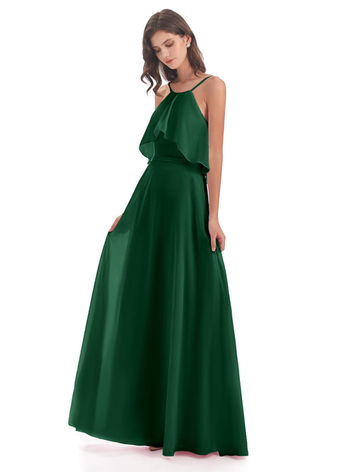 Paisley Halter Ruffles Chiffon Long Bridesmaid Dresses
