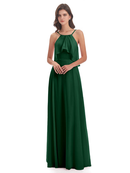 Paisley Halter Ruffles Chiffon Long Bridesmaid Dresses