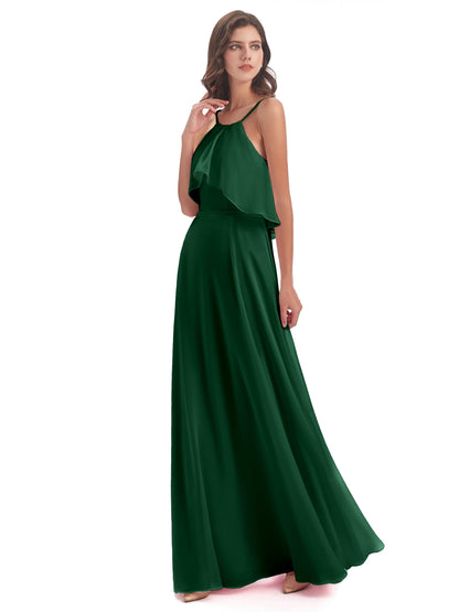 Paisley Halter Ruffles Chiffon Long Bridesmaid Dresses