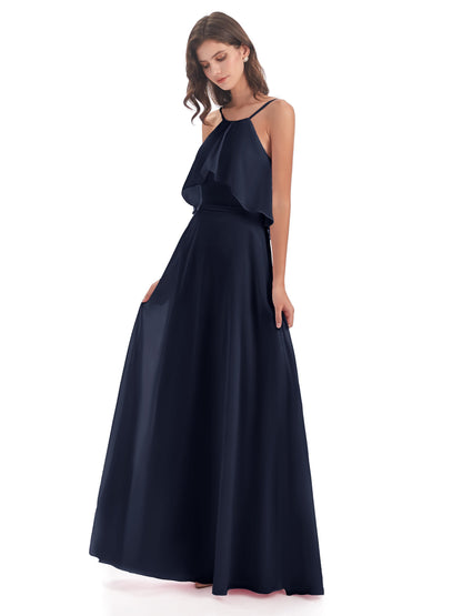 Paisley Halter Ruffles Chiffon Long Bridesmaid Dresses