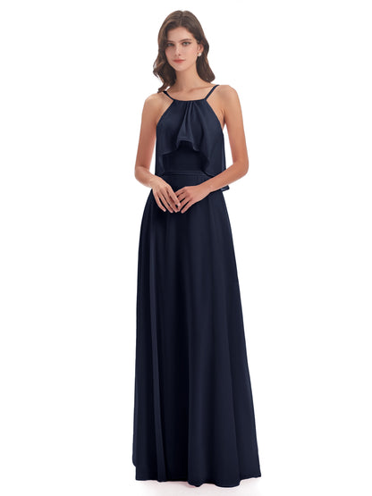 Paisley Halter Ruffles Chiffon Long Bridesmaid Dresses
