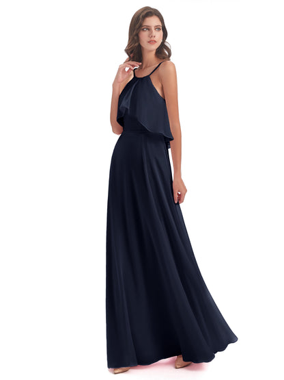 Paisley Halter Ruffles Chiffon Long Bridesmaid Dresses