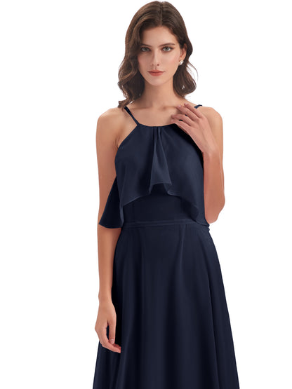 Paisley Halter Ruffles Chiffon Long Bridesmaid Dresses