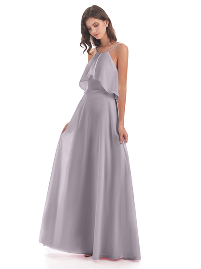 Paisley Halter Ruffles Chiffon Long Bridesmaid Dresses