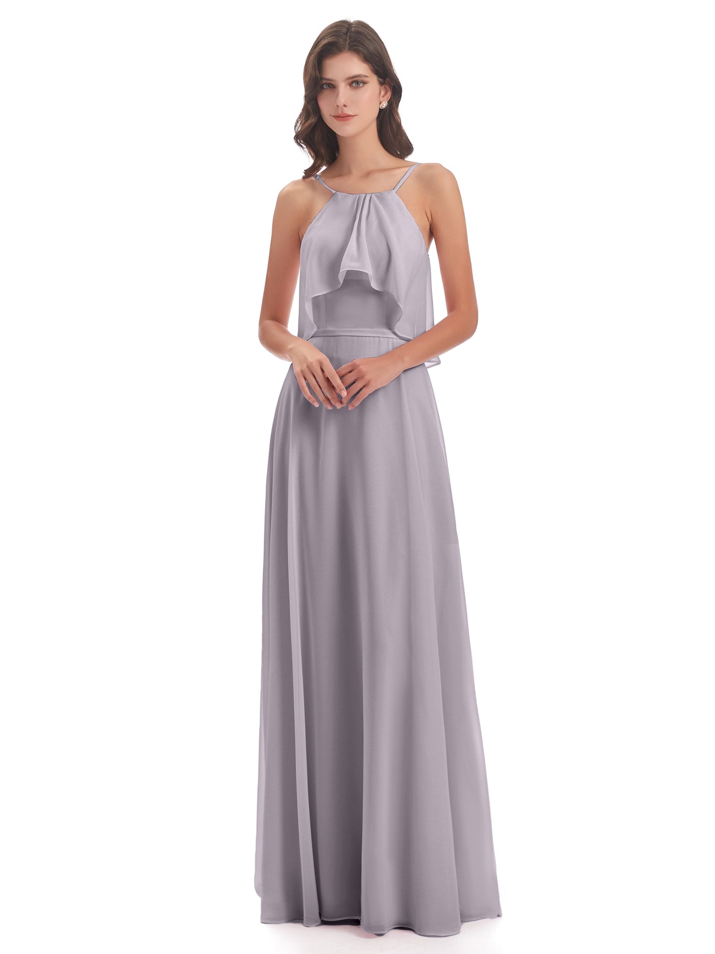 Paisley Halter Ruffles Chiffon Long Bridesmaid Dresses
