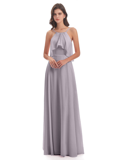 Paisley Halter Ruffles Chiffon Long Bridesmaid Dresses