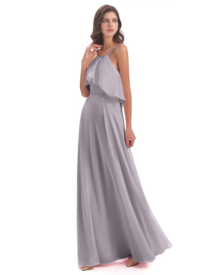 Paisley Halter Ruffles Chiffon Long Bridesmaid Dresses
