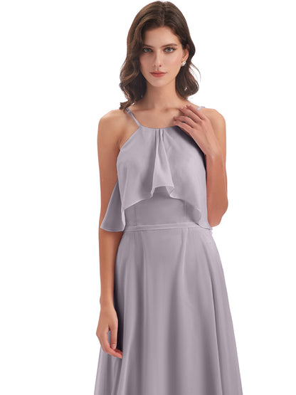 Paisley Halter Ruffles Chiffon Long Bridesmaid Dresses