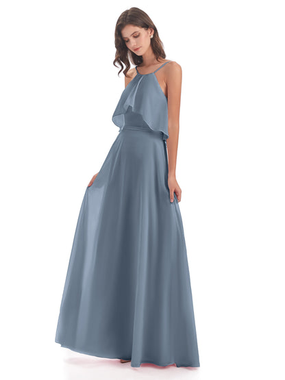 Paisley Halter Ruffles Chiffon Long Bridesmaid Dresses