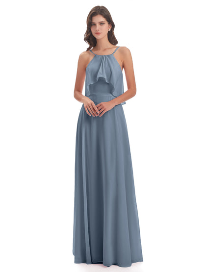 Paisley Halter Ruffles Chiffon Long Bridesmaid Dresses