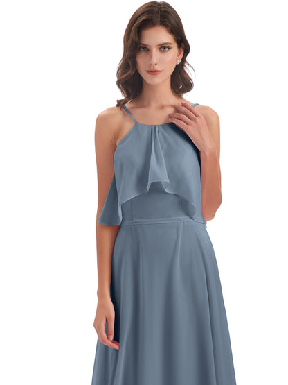 Paisley Halter Ruffles Chiffon Long Bridesmaid Dresses