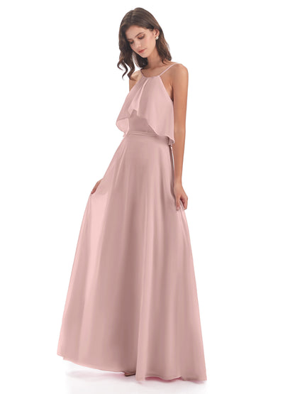 Paisley Halter Ruffles Chiffon Long Bridesmaid Dresses