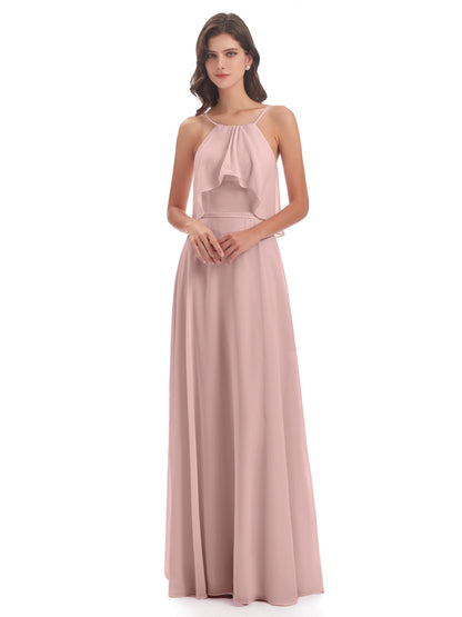 Paisley Halter Ruffles Chiffon Long Bridesmaid Dresses