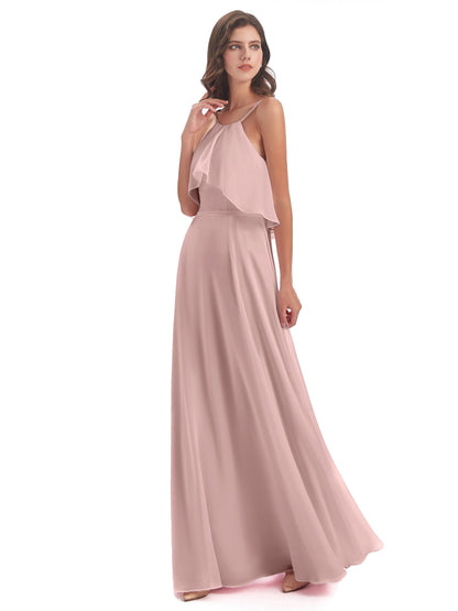 Paisley Halter Ruffles Chiffon Long Bridesmaid Dresses